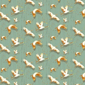 Japanese Cranes With Texture  Gold & Green Celadon Background 10.49"