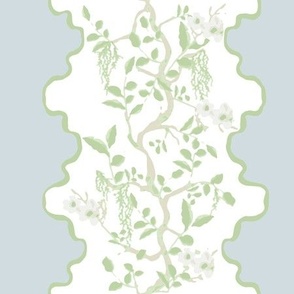 Floral Chinoiserie Stripe | Blue Grey and Green Natural Chinoiserie Garden