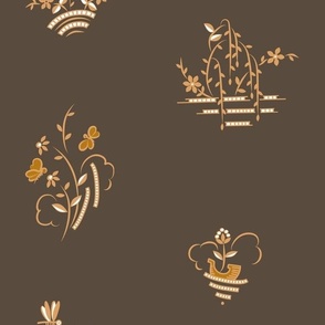 Butterfly WIllow and Boat Art Deco Peach on Brown