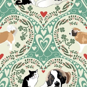 St Bernard dog and tuxedo cat Clovers and Hearts