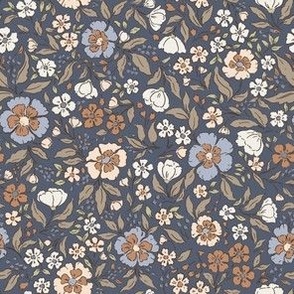 Sweet Boho Mixed Florals in earthy colors, Blue, SMALLER SCALE