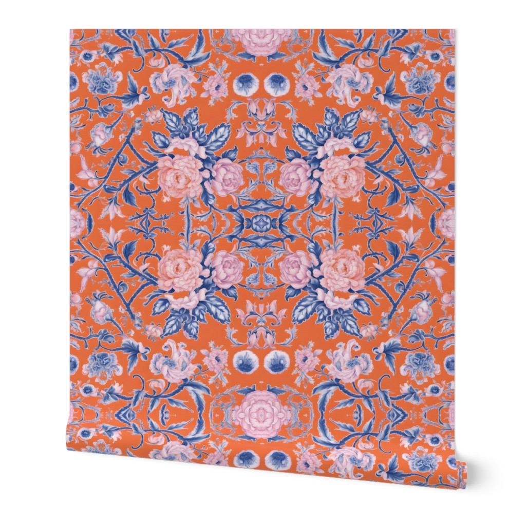 Chinoiserie flowers and scrolls toile in orange, pink and blue