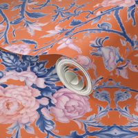 Chinoiserie flowers and scrolls toile in orange, pink and blue