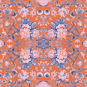 Chinoiserie flowers and scrolls toile in orange, pink and blue