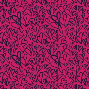 Heart Sketched Small Whimsical Valentine Hearts Fabric in Bright Pink and Navy Blue