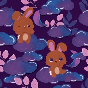 Dreamy Bunny Dancing on Clouds Dark Purple