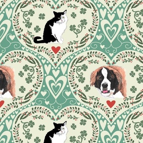 Watercolor St Bernard Dog  and Tuxedo Cat Clovers and hearts 