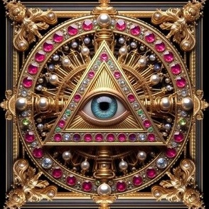 2 baroque gold all seeing eyes providence Illuminati Freemasons triangle  spiritual occult rituals symbolism symbols alchemy fuchsia gems jewels gemstone pearls diamonds ruby magenta blue eye victorian neoclassical ornate filigree medallion rays of light 