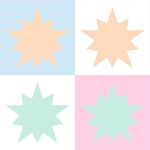 pastel modern graphic 4 inch star block design in aqua yellow pink white kitchen wallpaper gender neutral bedding
