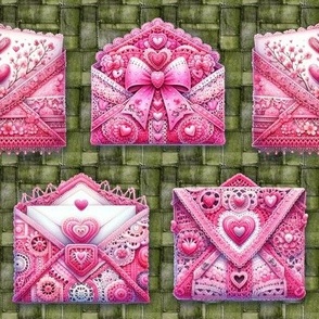 VALENTINE PINK ENVELOPE BAG ON GREEN DENIM PATCHWORK FLWRHT