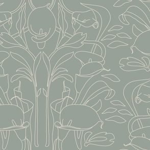 Calla Lily Flowers & Leaves Art Nouveau Outline Sage Green
