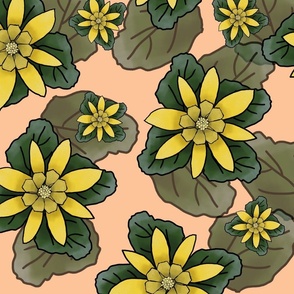 Lesser Celandine Floral Pattern, yellow with green leaves on a peach fuzz background