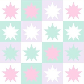 pastel modern graphic 2 inch star block design in aqua lavender pink white kitchen wallpaper gender neutral bedding