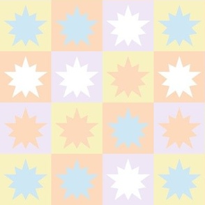 pastel modern graphic 2 inch star block design in blue lavender peach white kitchen wallpaper gender neutral bedding