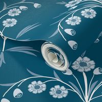 arts and crafts hand drawn botanical geometric floral scallop in aqua blue