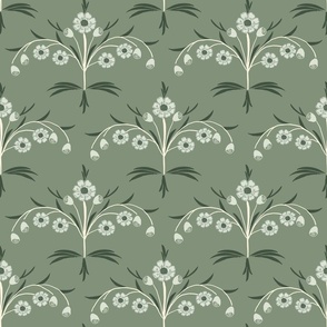 arts and crafts hand drawn botanical geometric floral scallop in sage green
