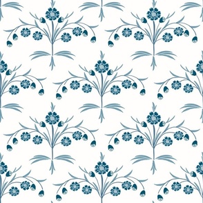 arts and crafts hand drawn botanical geometric floral scallop in blue and white