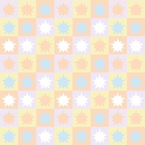 pastel modern graphic 1 inch star block design in blue lavender peach white kitchen wallpaper gender neutral bedding
