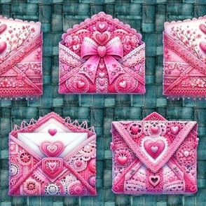 VALENTINE PINK ENVELOPE BAG ON TURQUOISE BLUE DENIM PATCHWORK FLWRHT