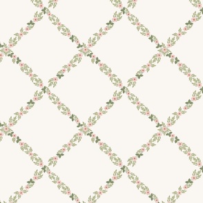 floral trellis pattern of delicate flowers and leaves in pink, green, ivory