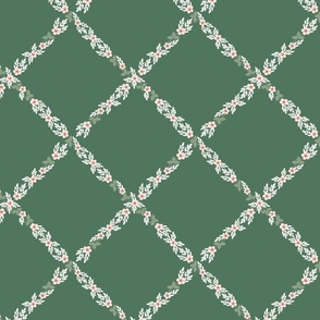floral trellis pattern of delicate flowers and leaves in green and pink