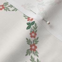 floral trellis pattern of delicate flowers and leaves in coral, green, white