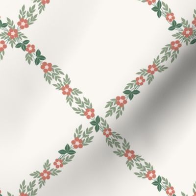 floral trellis pattern of delicate flowers and leaves in coral, green, white