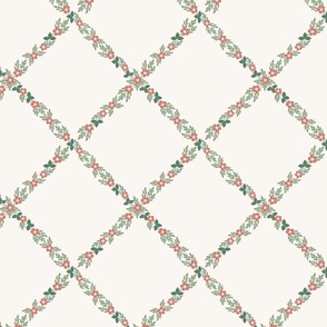 floral trellis pattern of delicate flowers and leaves in coral, green, white