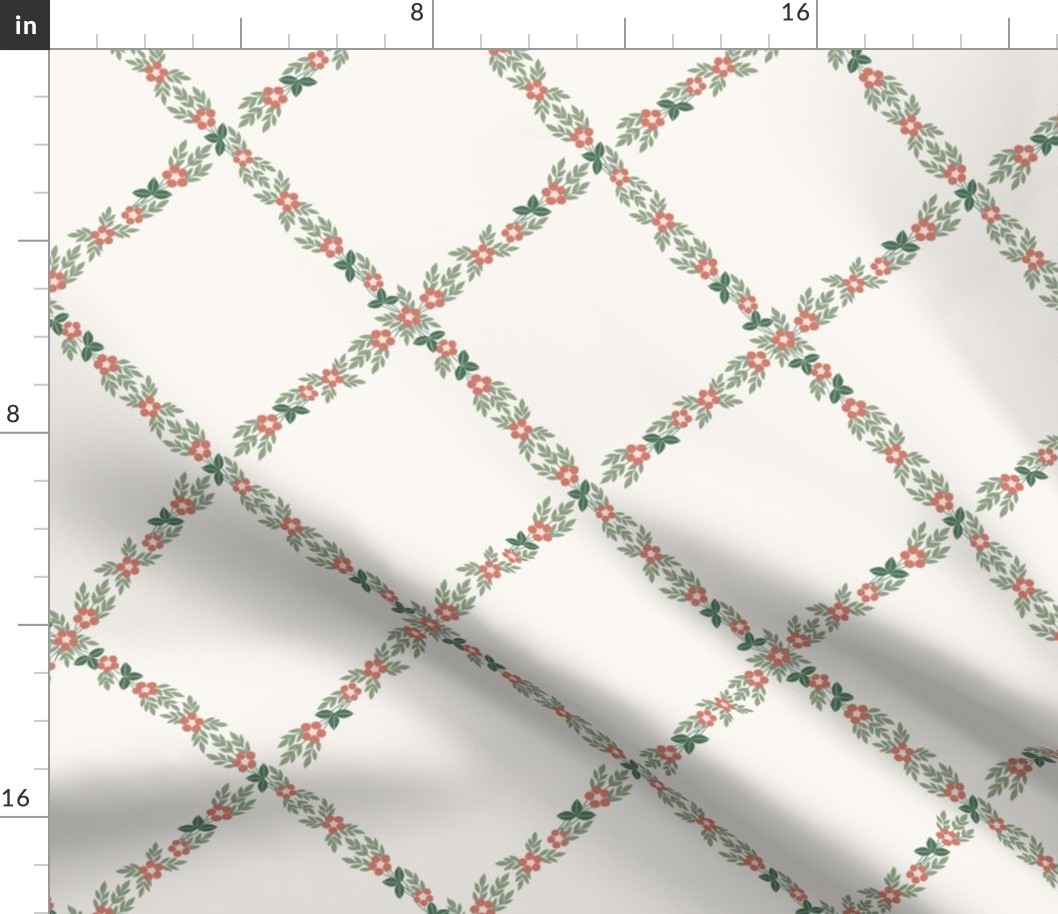 floral trellis pattern of delicate flowers and leaves in coral, green, white