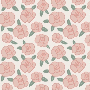 Hand Drawn Rose Blooms in Pink, Green, Cream - large