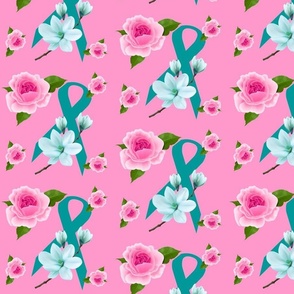 PinkRoseMagnoliaTeal-Ovaria cancer ribbon-pink background