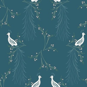 art nouveau peacocks and flower buds on branches in white and pink on teal