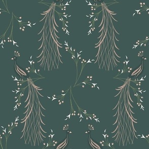 art nouveau peacocks and flower buds on branches in teal and green