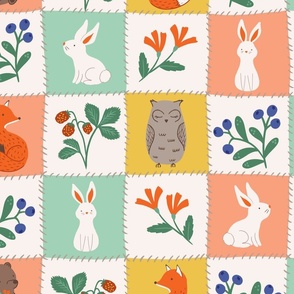 Forest plants and wild animals quilt, 5" pastel colored and white squares 