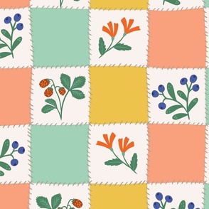 Forest berries and flowers quilt, 5" pastel colored and white squares with plants