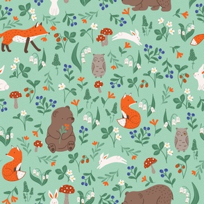 L. Cute forest animals, flowers and berries on a summer forest glade, fox, bear, bunny and owl