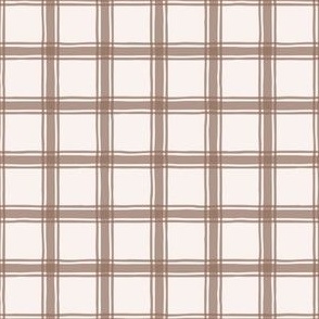 Hand-drawn organic brown plaid on white, neutral beige 1" check