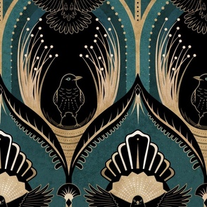 Elegant Art Deco Bowerbirds - teal, gold and black - Australian animal, bower bird -  jumbo
