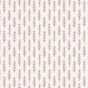 Beige twigs on cream white, tiny pine trees forest