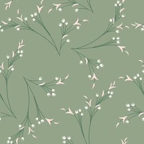 art nouveau branches with tiny flower buds and leaves on spring green