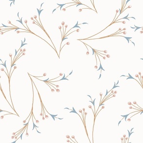 art nouveau branches with tiny flower buds and leaves / pink, white