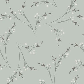 art nouveau branches with tiny flower buds and leaves/ sage, mint, gray