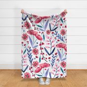 Watercolor floral pattern in red, pink, and blue