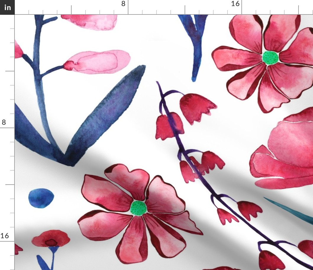Watercolor floral pattern in red, pink, and blue