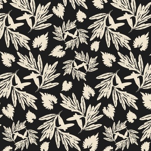 Medium scale wild botanical abstract bird garden floral in beige and dark midnight black.