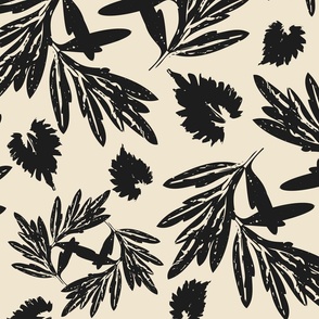 Large  scale wild botanical abstract bird garden floral in beige and dark midnight black.