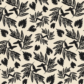 MEDIUM WILD BOTANICAL ABSTRACT BIRD  GARDEN FLORAL BEIGE WITH BLACK LEAVES .