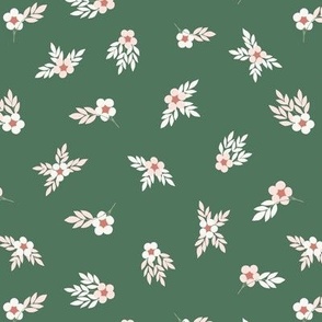 micro floral / ditsy floral / scandinavian folk art flowers/ green and pink