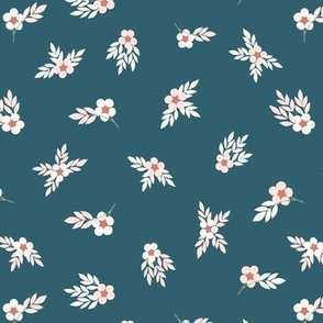 micro floral / ditsy floral of scandinavian folk art flowers on teal blue