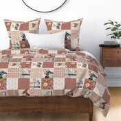 Woodland Critters Patchwork Quilt Earth Tone - Boho Girl Print Flowers Bear Moose Fox Raccoon Wolf ROTATED